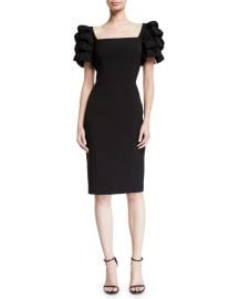 Badgley Mischka Collection Square-Neck Cocktail Dress w  Looped Sleeves at Neiman Marcus